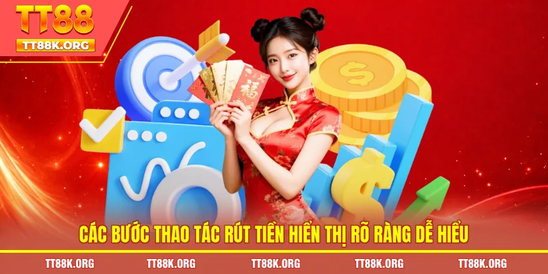 Các bước thao tác rút tiền hiển thị rõ ràng dễ hiểu 